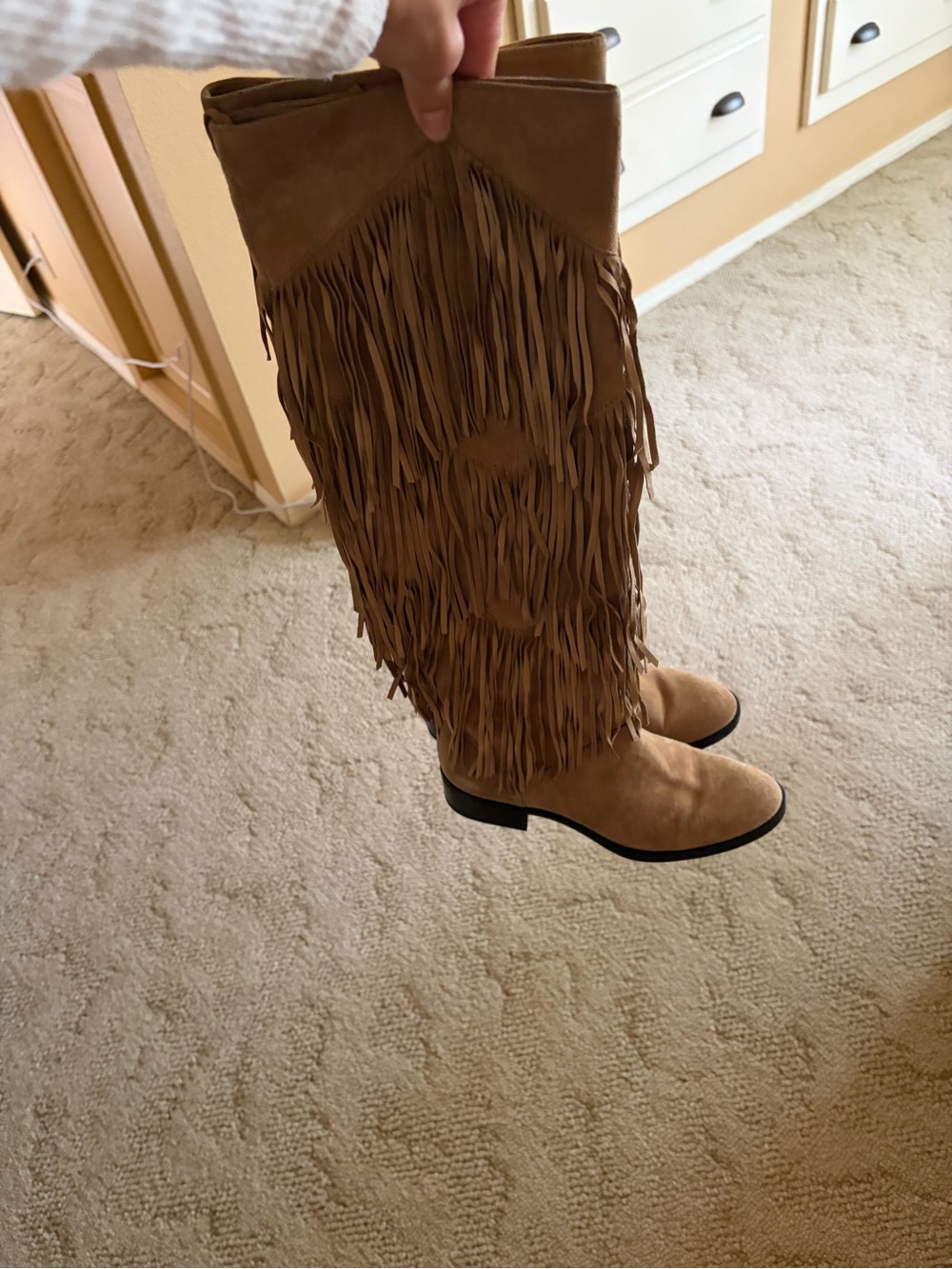 Sam Edelman Tan Suede Fringe Knee-High Heeled Boots - Picture 2 of 3